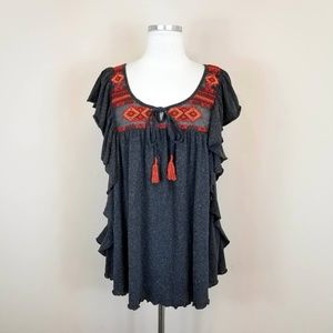 Free People Gray + Red Embroidered Ruffle Tank Top